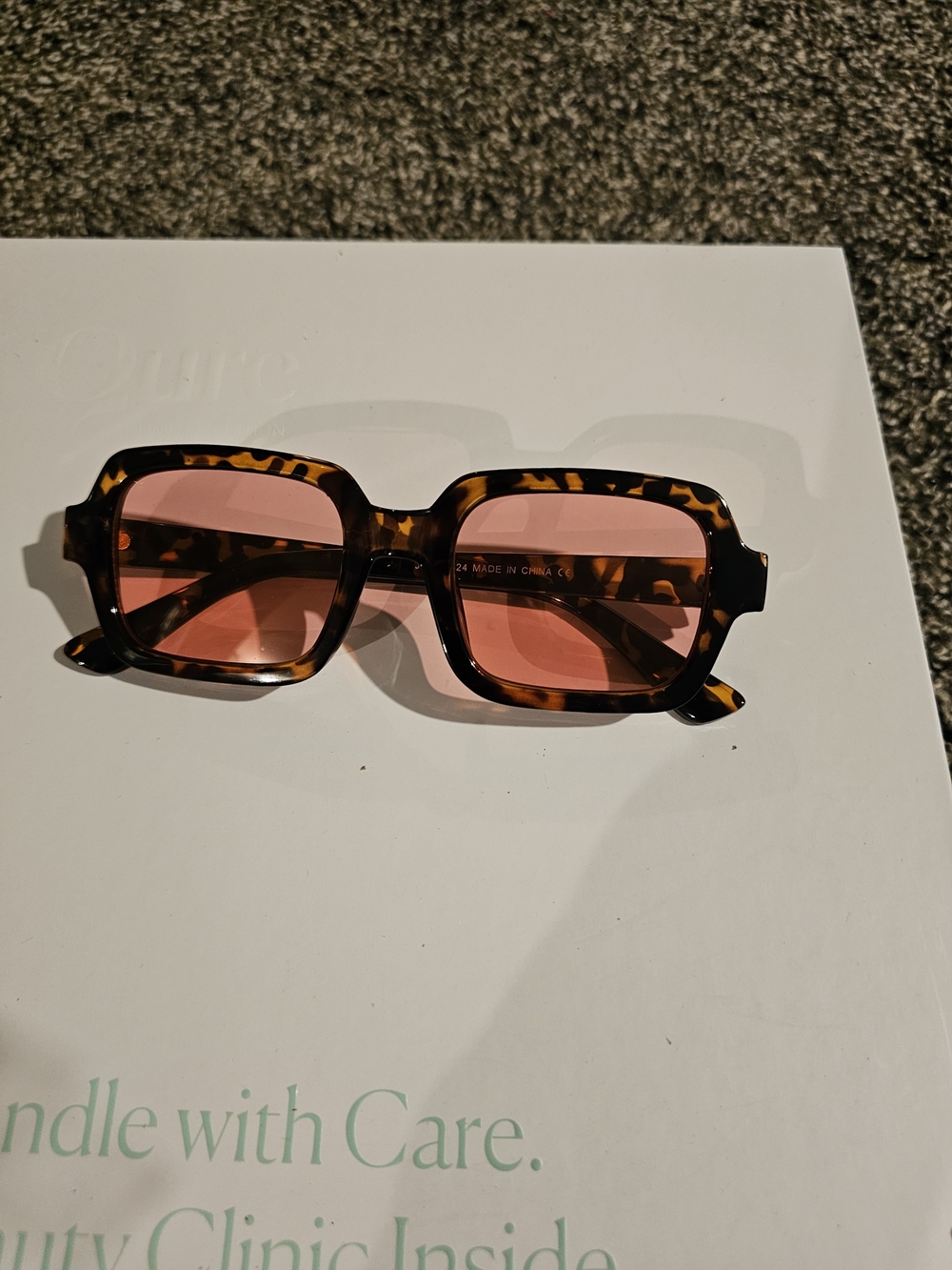 Tortoiseshell Rectangular Frame Sunglasses with Pink Lenses